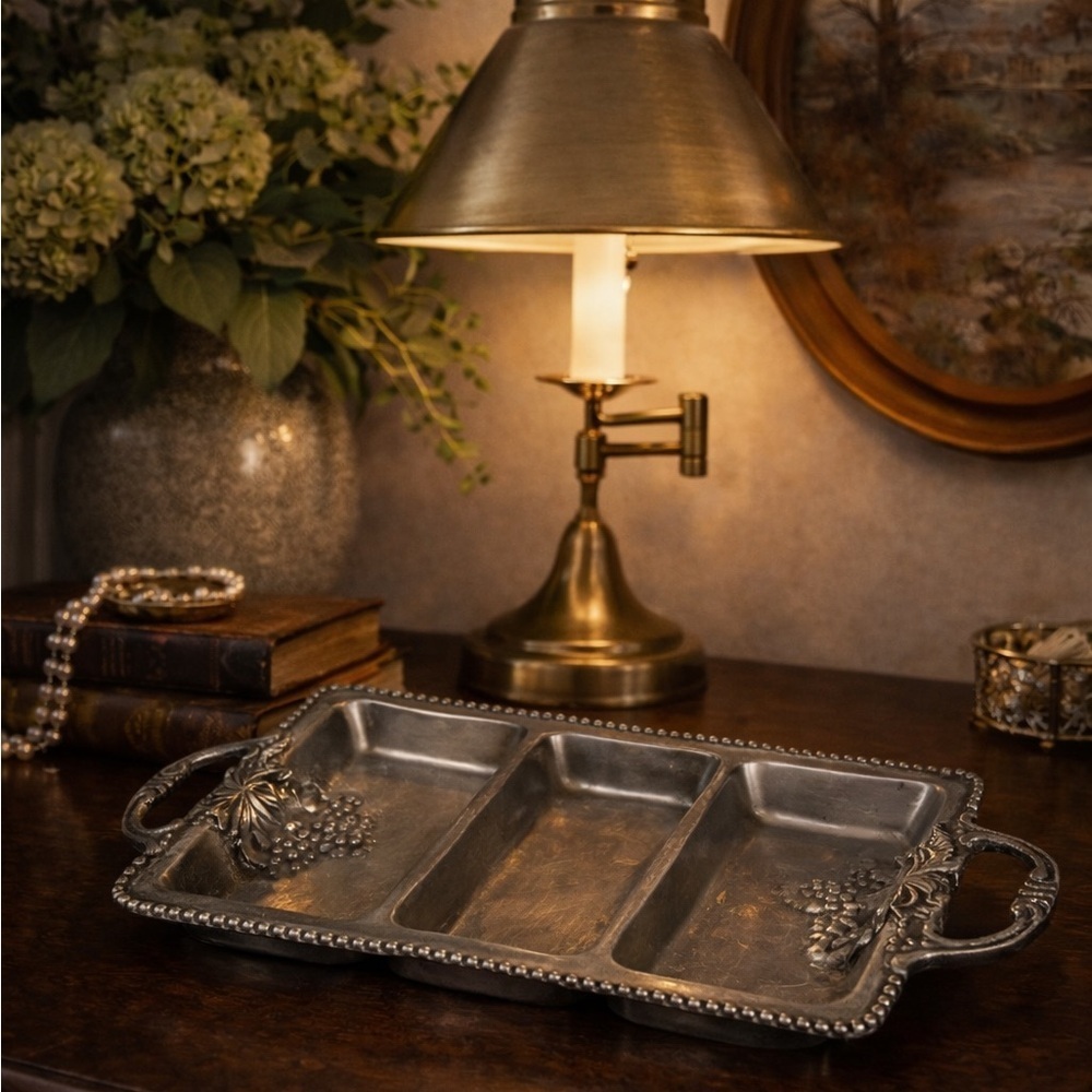 Vintage Pewter 3 Section Relish Tray Heavy Ornate Serving Dish Handles